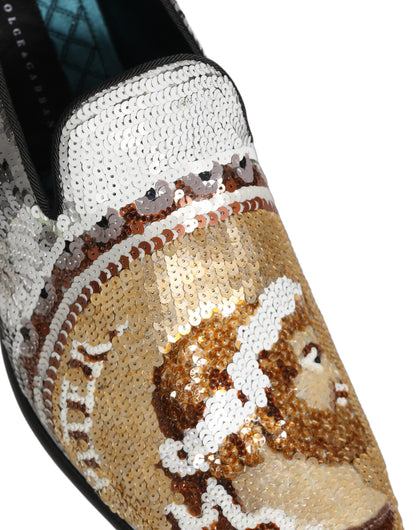 Mocassins à enfiler pailletés en or blanc Dolce & Gabbana