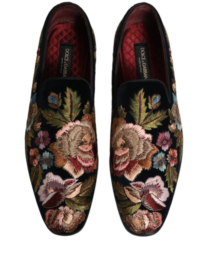 Zapatos Loafers Dolce & Gabbana de terciopelo negro con bordado floral