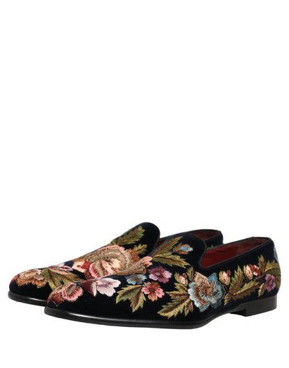 Zapatos Loafers Dolce & Gabbana de terciopelo negro con bordado floral