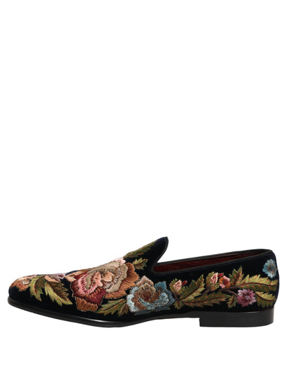Zapatos Loafers Dolce & Gabbana de terciopelo negro con bordado floral