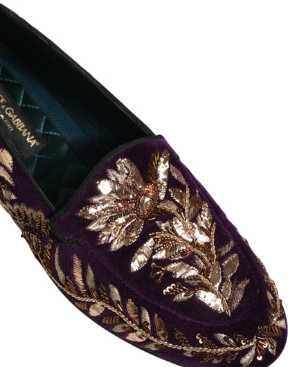 Zapatos Loafers Dolce & Gabbana de Terciopelo Violeta con Bordado Floral