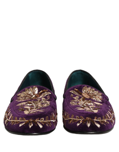 Zapatos Loafers Dolce & Gabbana de Terciopelo Violeta con Bordado Floral