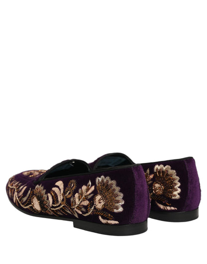 Zapatos Loafers Dolce & Gabbana de Terciopelo Violeta con Bordado Floral