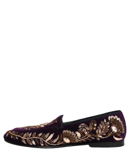 Zapatos Loafers Dolce & Gabbana de Terciopelo Violeta con Bordado Floral