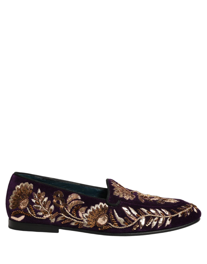 Zapatos Loafers Dolce & Gabbana de Terciopelo Violeta con Bordado Floral