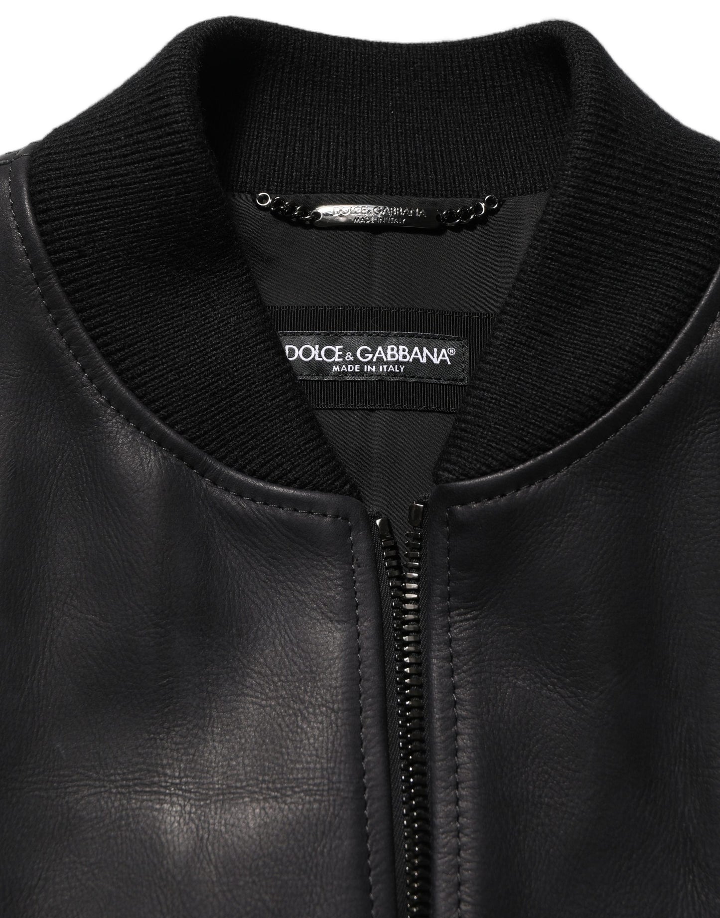 Blouson motard homme en cuir noir Dolce & Gabbana avec fermeture éclair intégrale