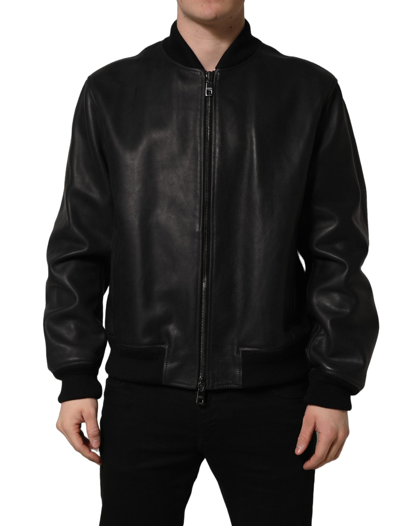 Blouson motard homme en cuir noir Dolce & Gabbana avec fermeture éclair intégrale