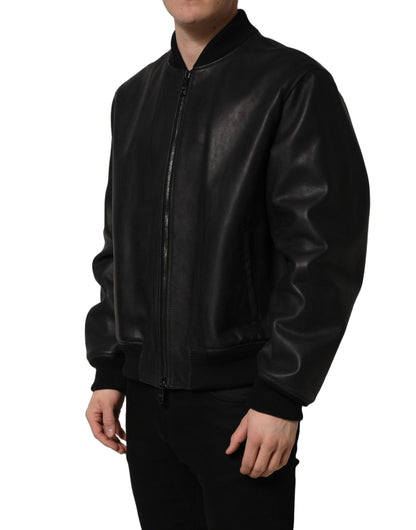Blouson motard homme en cuir noir Dolce & Gabbana avec fermeture éclair intégrale