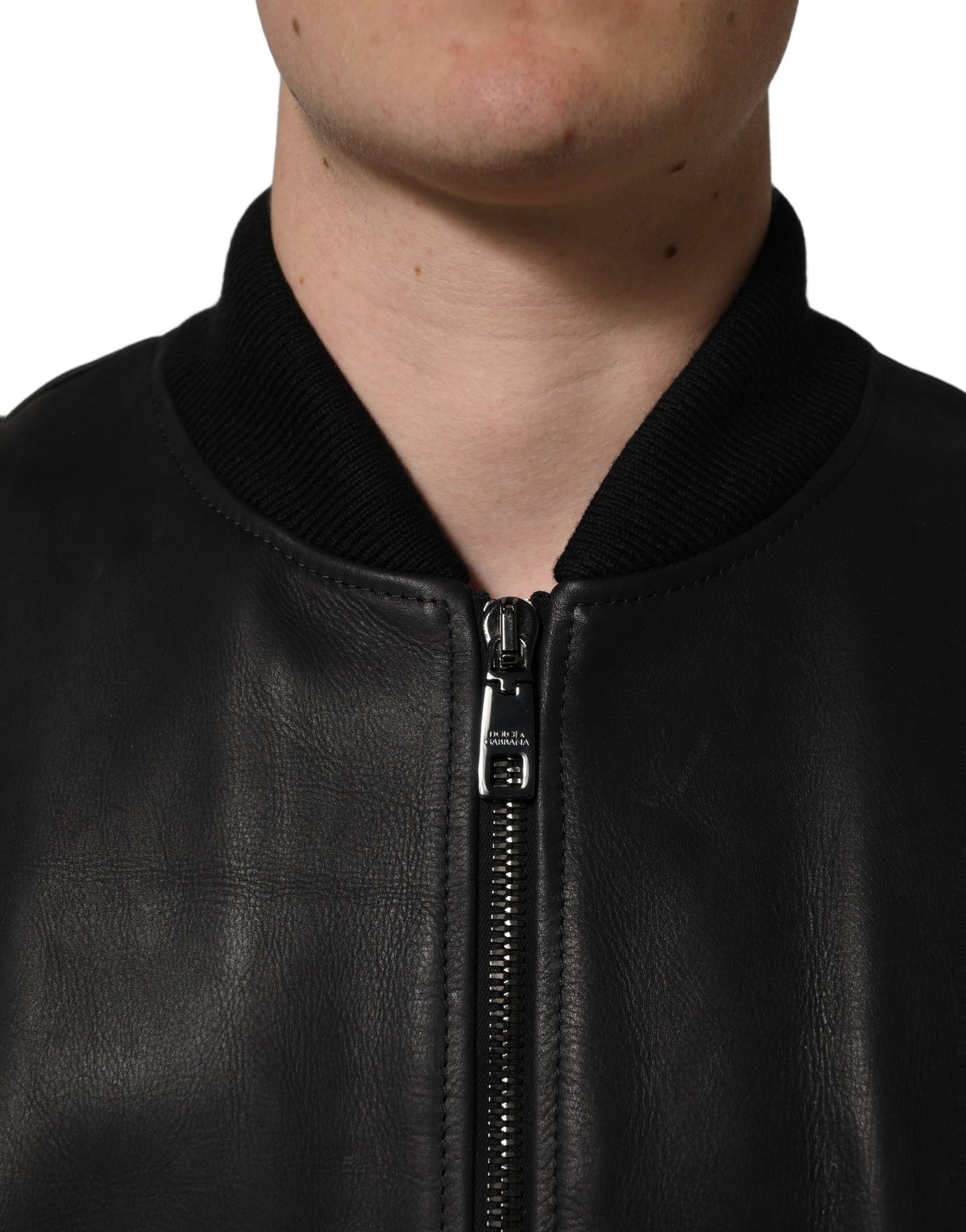 Blouson motard homme en cuir noir Dolce & Gabbana avec fermeture éclair intégrale