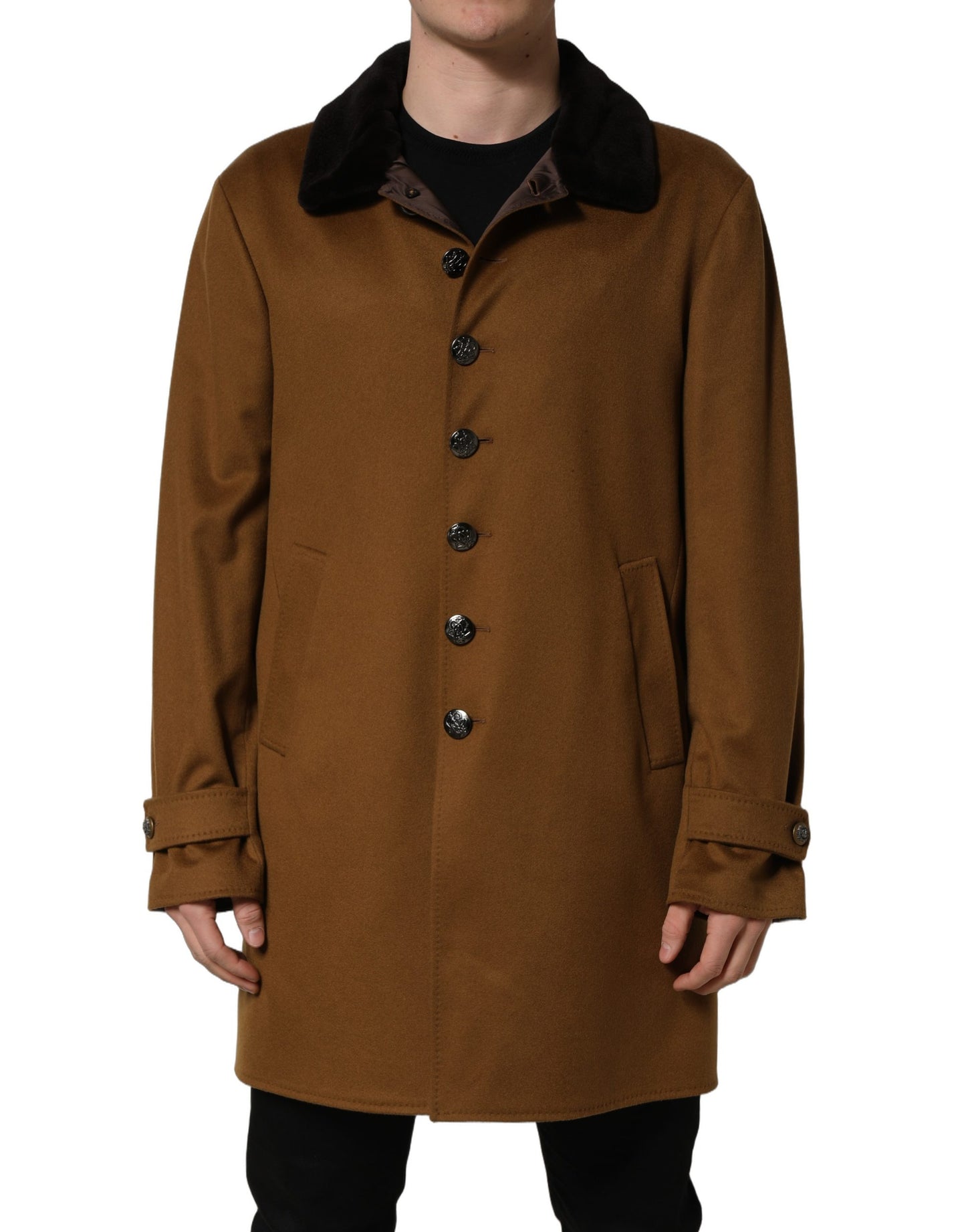 Veste Manteau Homme Dolce & Gabbana en Cachemire Marron et Fourrure de Vison