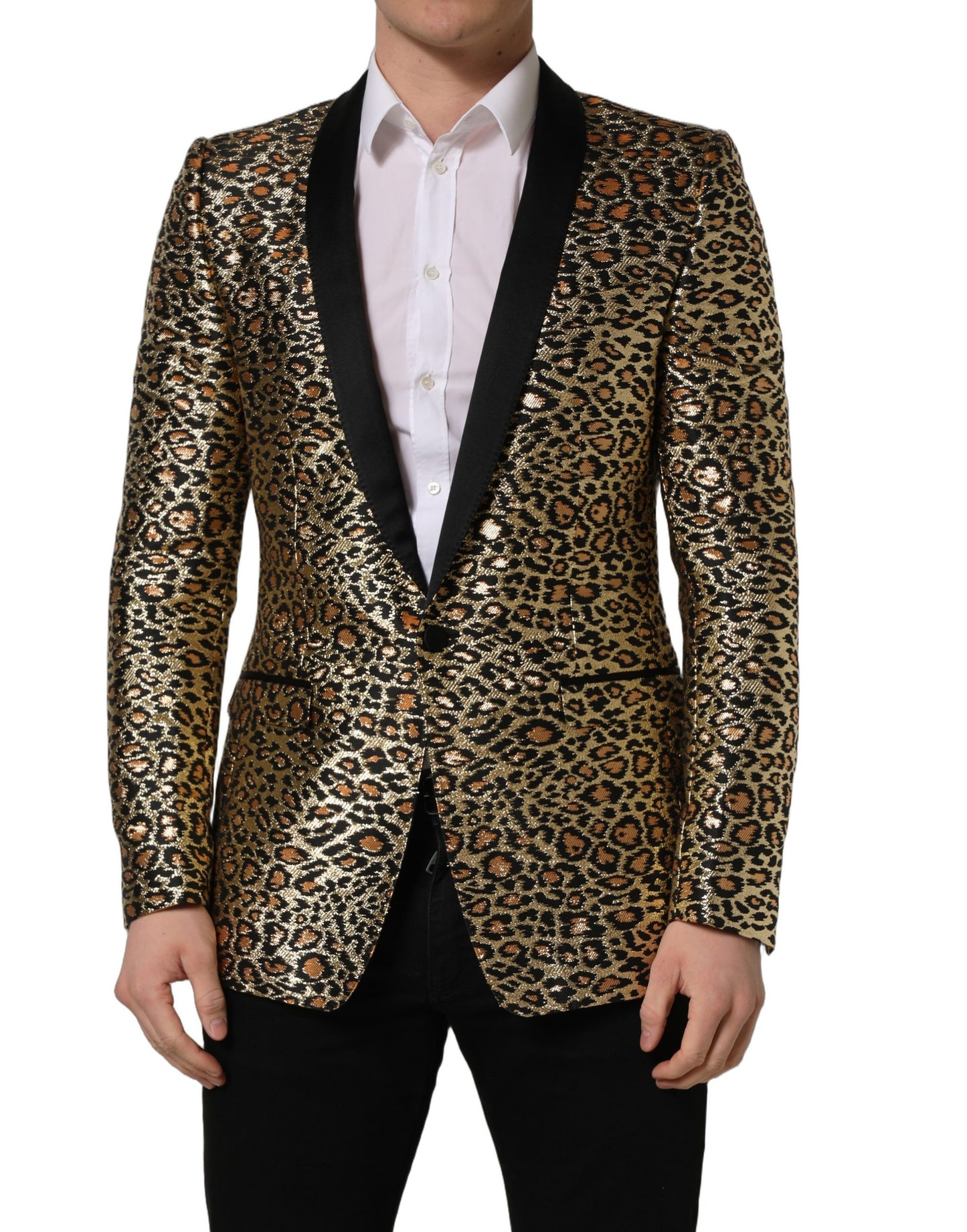 Dolce & Gabbana Abrigo/Chaqueta de hombre cruzado con estampado de leopardo dorado