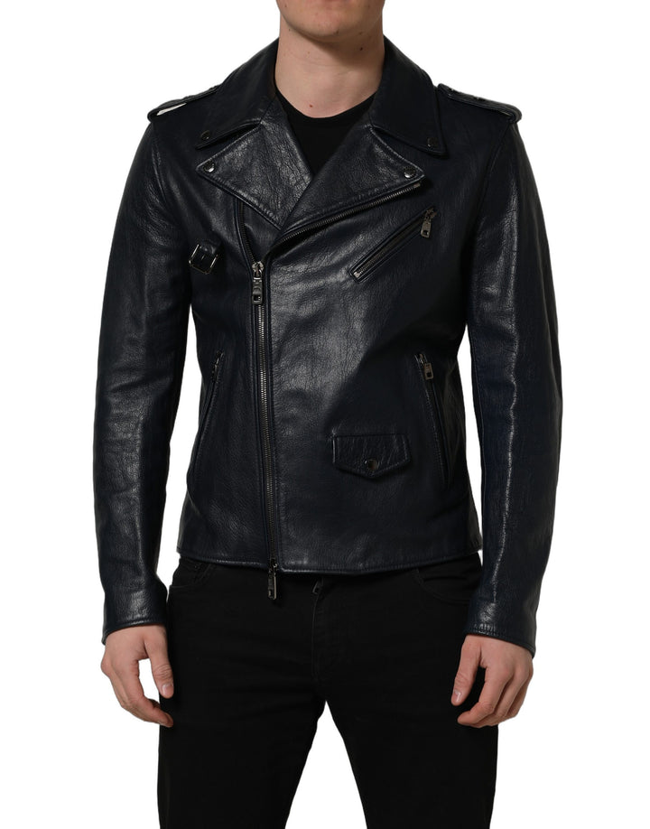 Dolce & Gabbana Manteau Biker Homme en Cuir Noir Veste en Peau de Chèvre