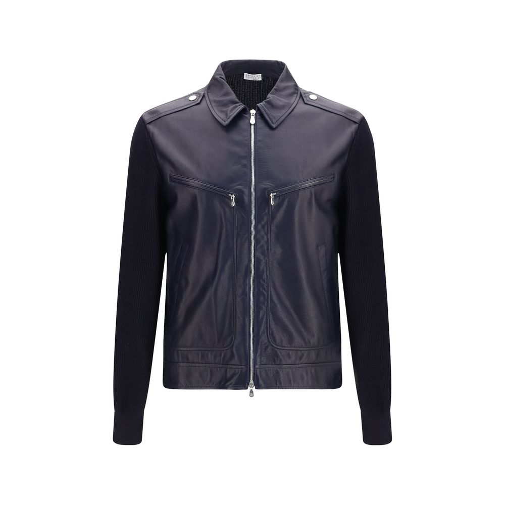 Blouson en cuir de veau bleu Bos Taurus Brunello Cucinelli