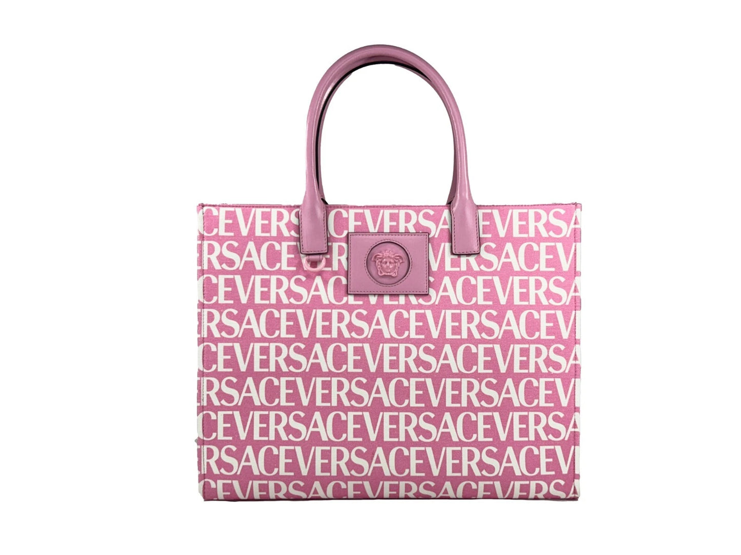 Bolso grande de mano Versace Medusa en lona, color rosa bebé