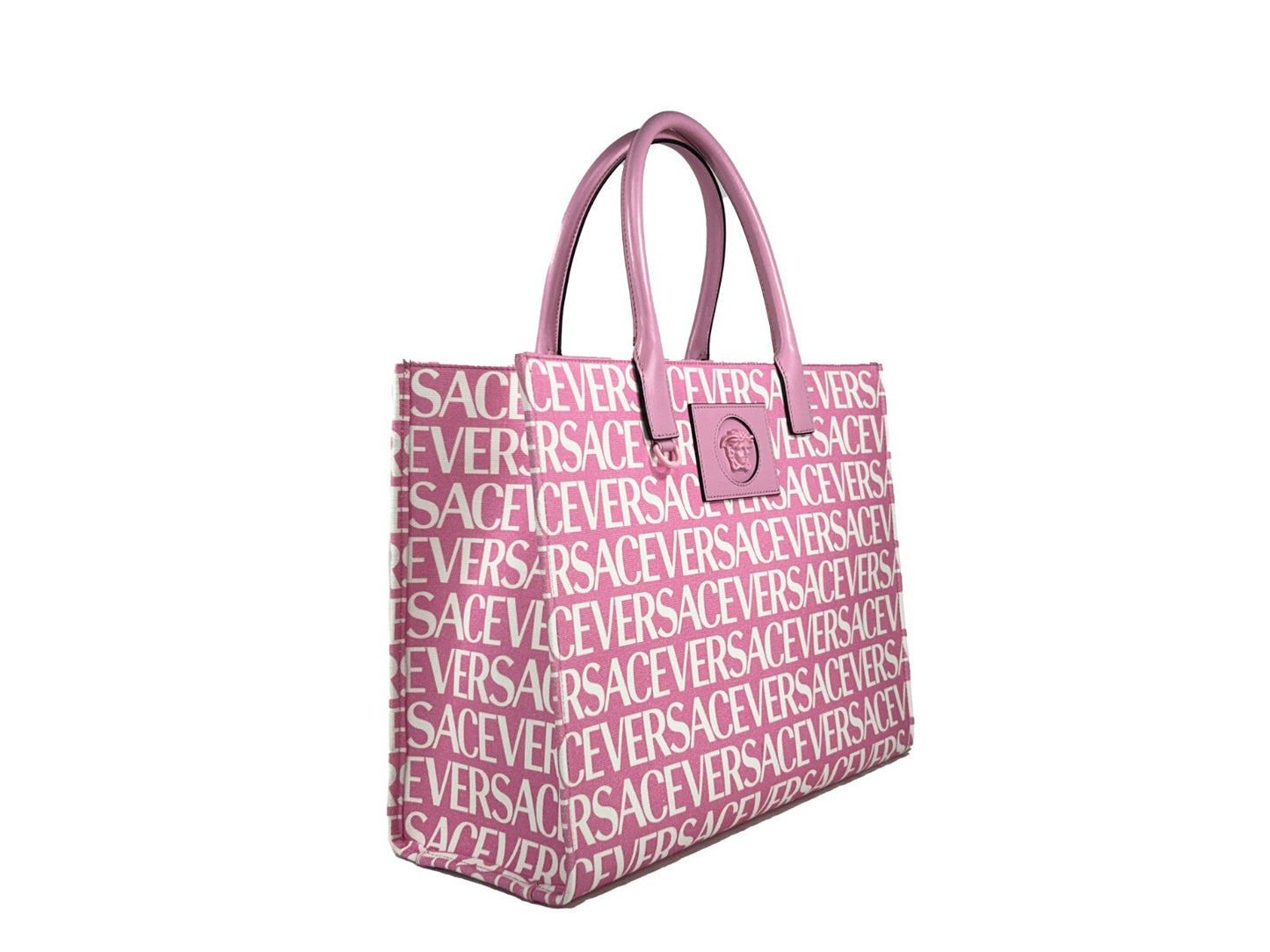 Bolso grande de mano Versace Medusa en lona, color rosa bebé