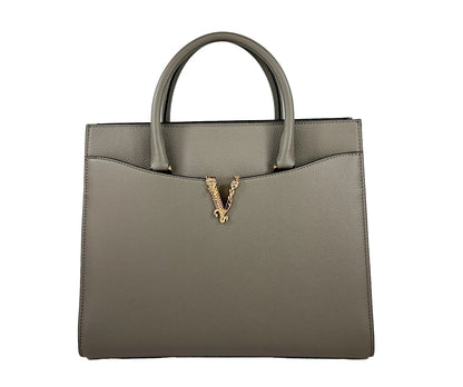 Sac fourre-tout Versace Virtus en cuir, grand modèle, avec poignée supérieure, gris