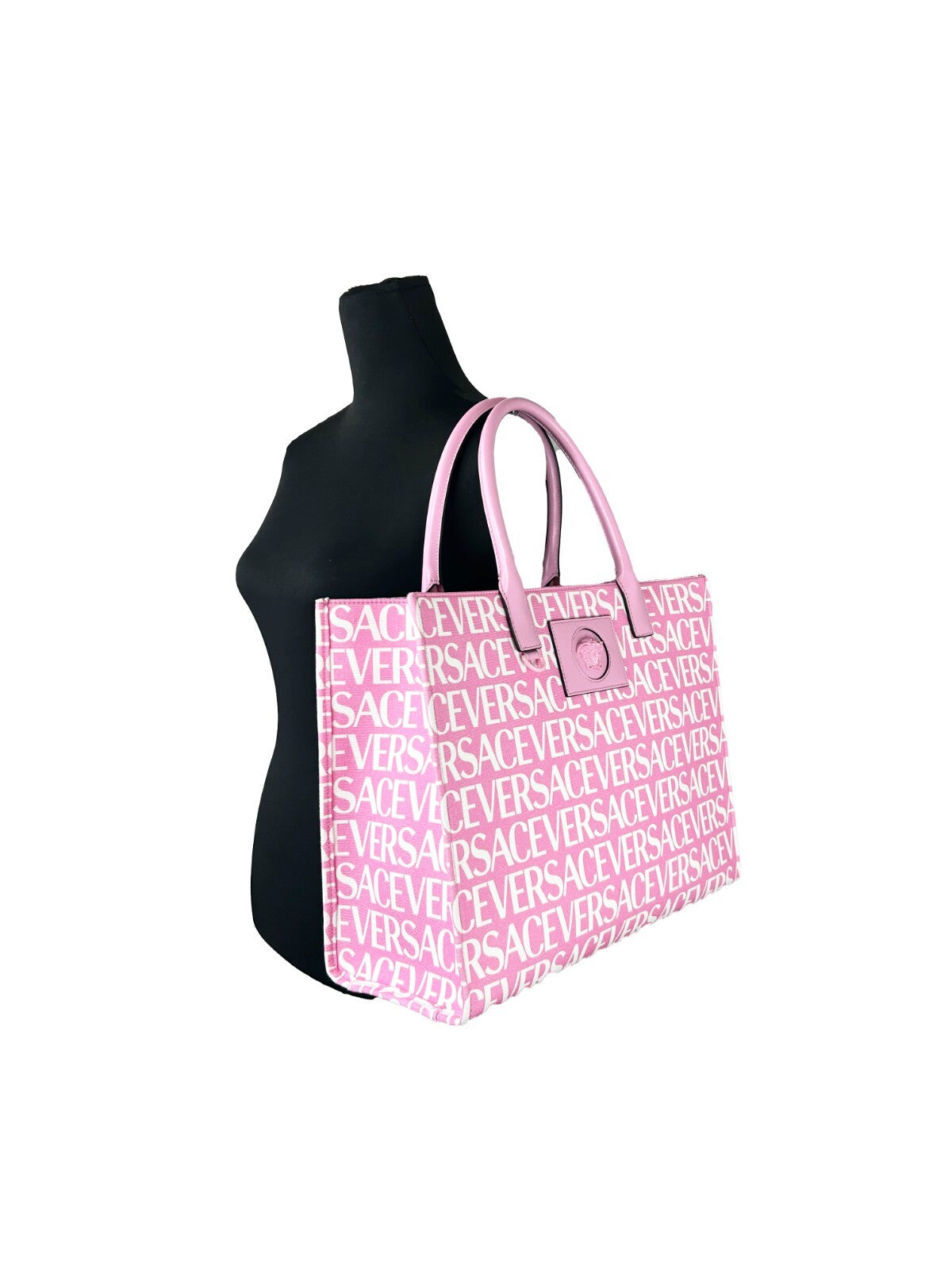 Bolso grande de mano Versace Medusa en lona, color rosa bebé