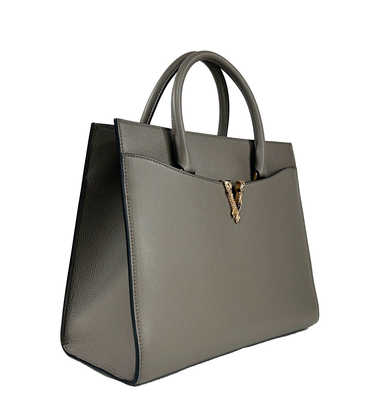 Sac fourre-tout Versace Virtus en cuir, grand modèle, avec poignée supérieure, gris