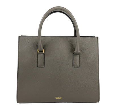 Sac fourre-tout Versace Virtus en cuir, grand modèle, avec poignée supérieure, gris