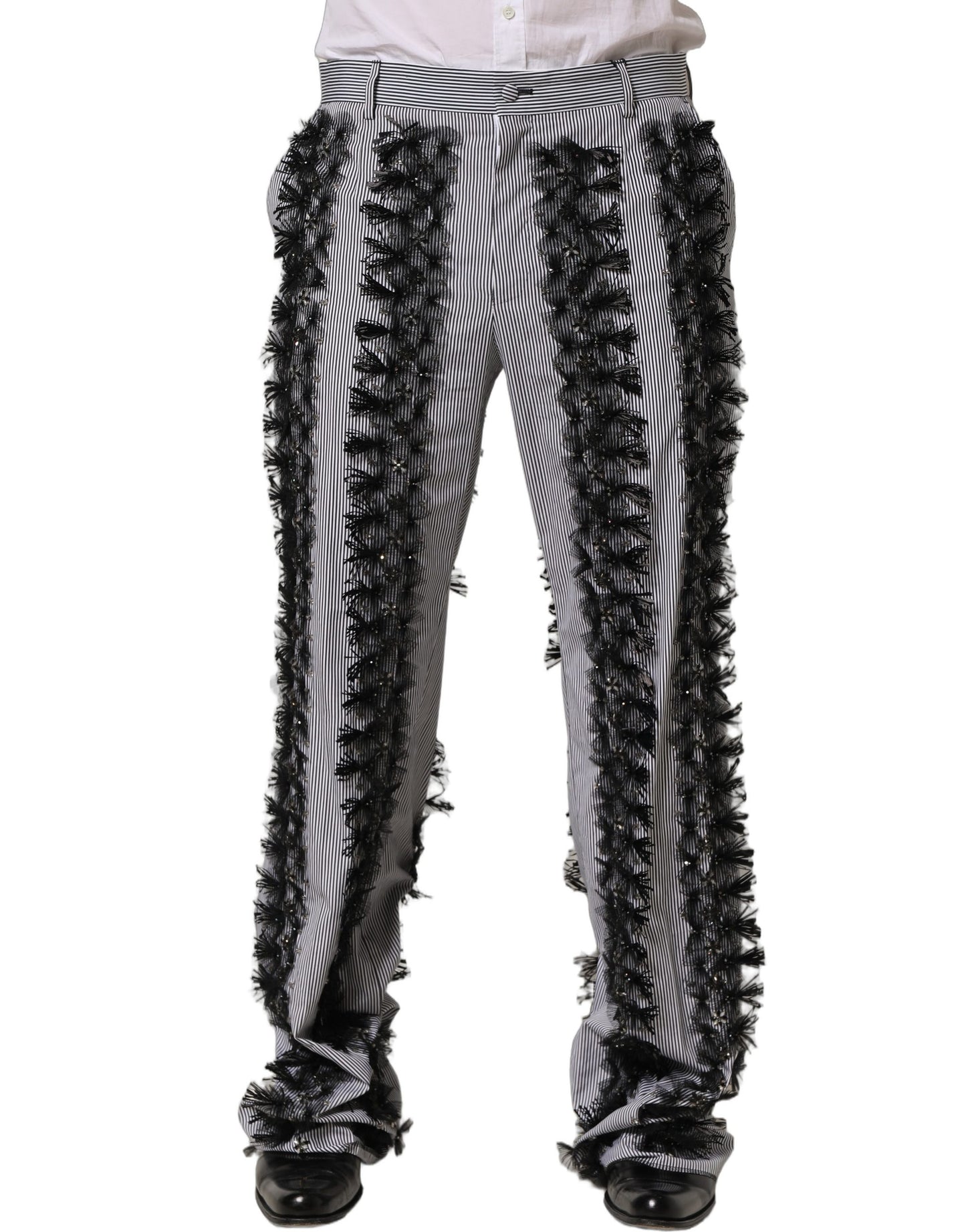 Pantalones de traje a rayas grises y negras con adornos de Dolce & Gabbana