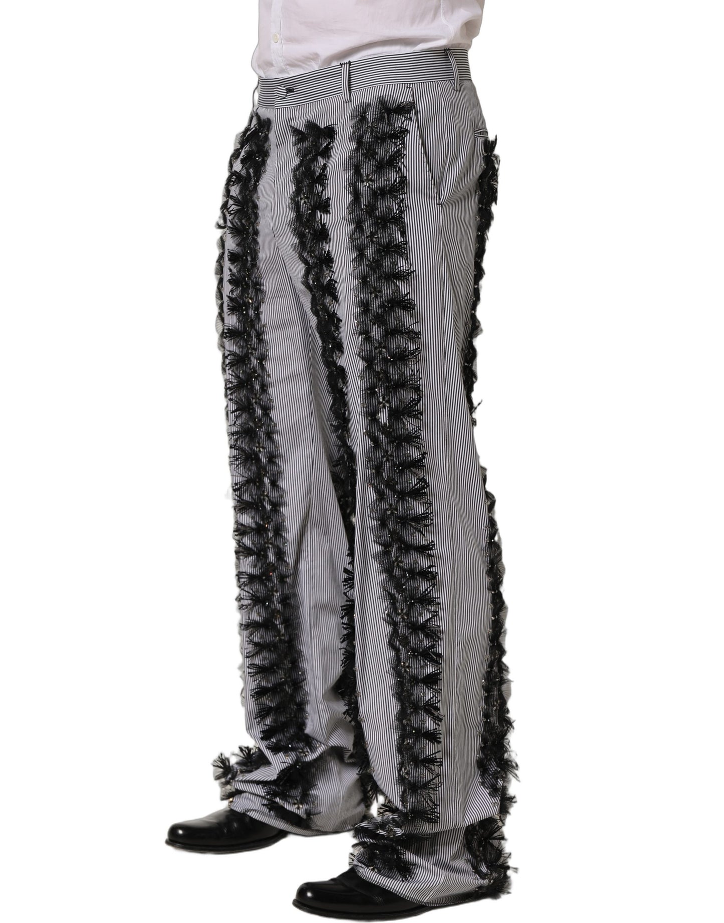 Pantalones de traje a rayas grises y negras con adornos de Dolce & Gabbana