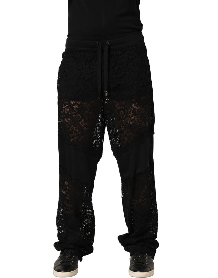 Dolce & Gabbana Black Lace Mid Waist Jogger Men Trouser Pants