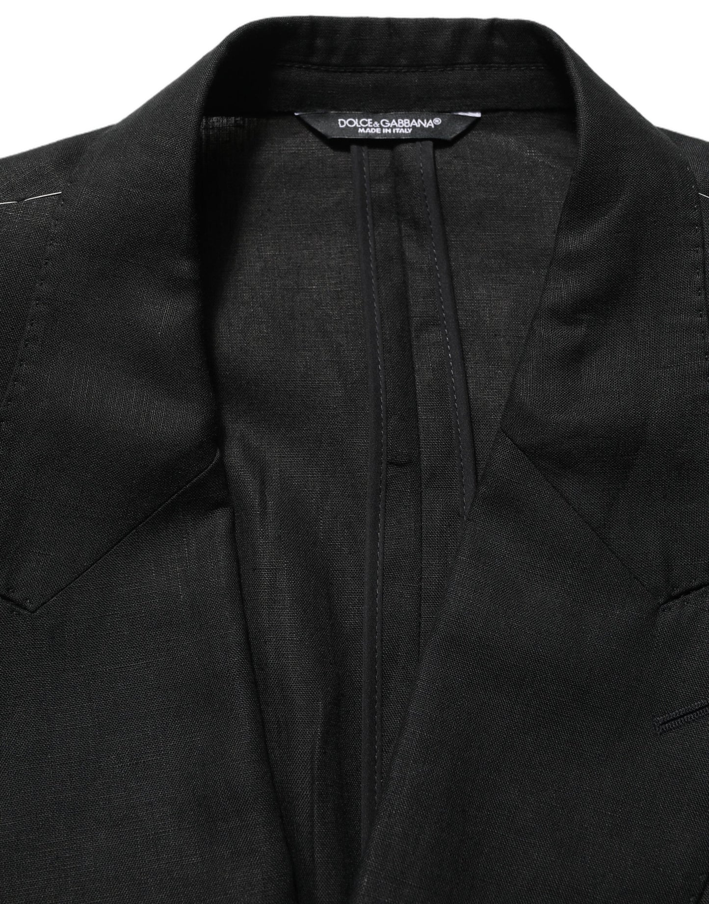 Costume deux pièces Dolce & Gabbana en lin noir, coupe slim, pour homme.