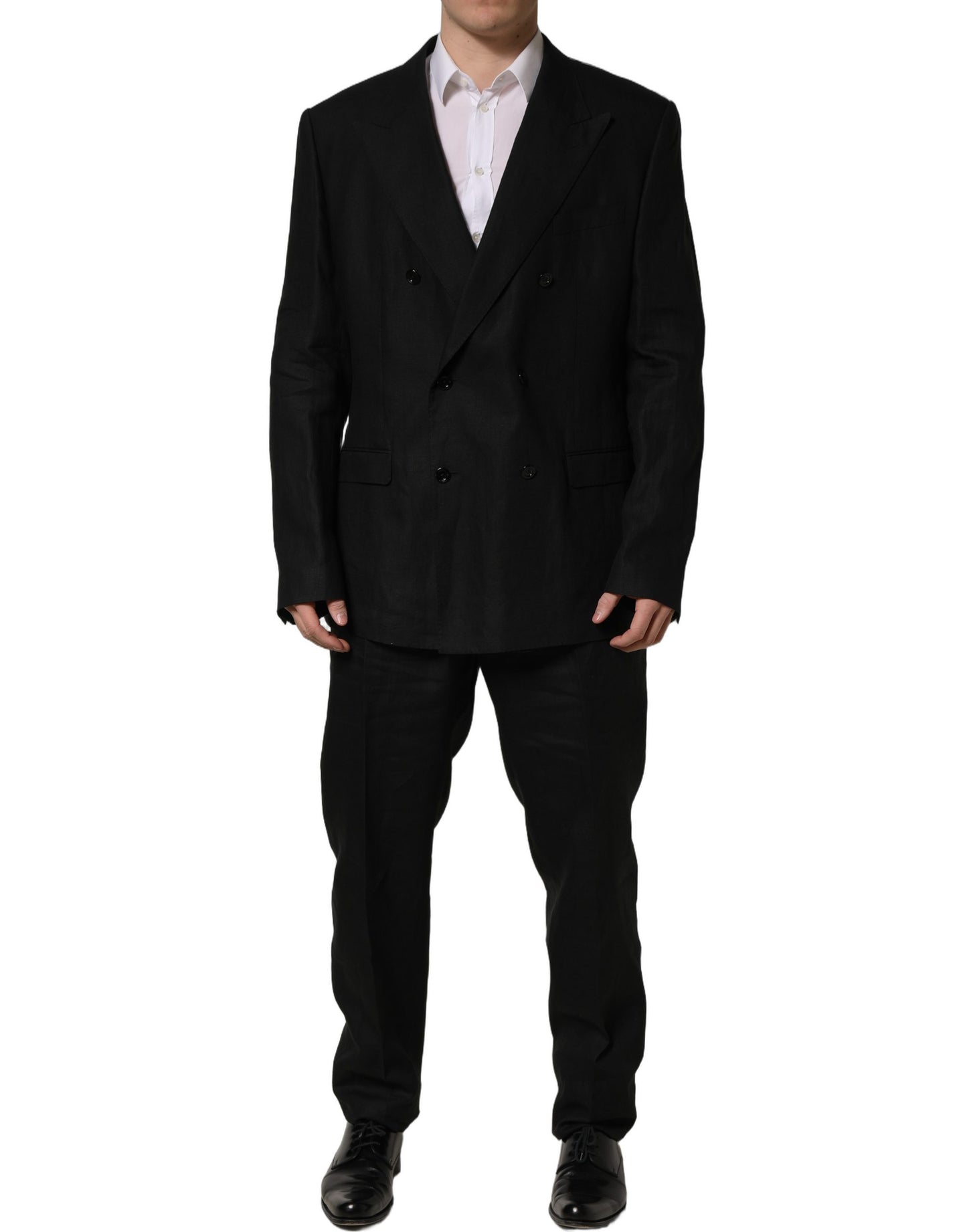 Costume deux pièces Dolce & Gabbana en lin noir, coupe slim, pour homme.