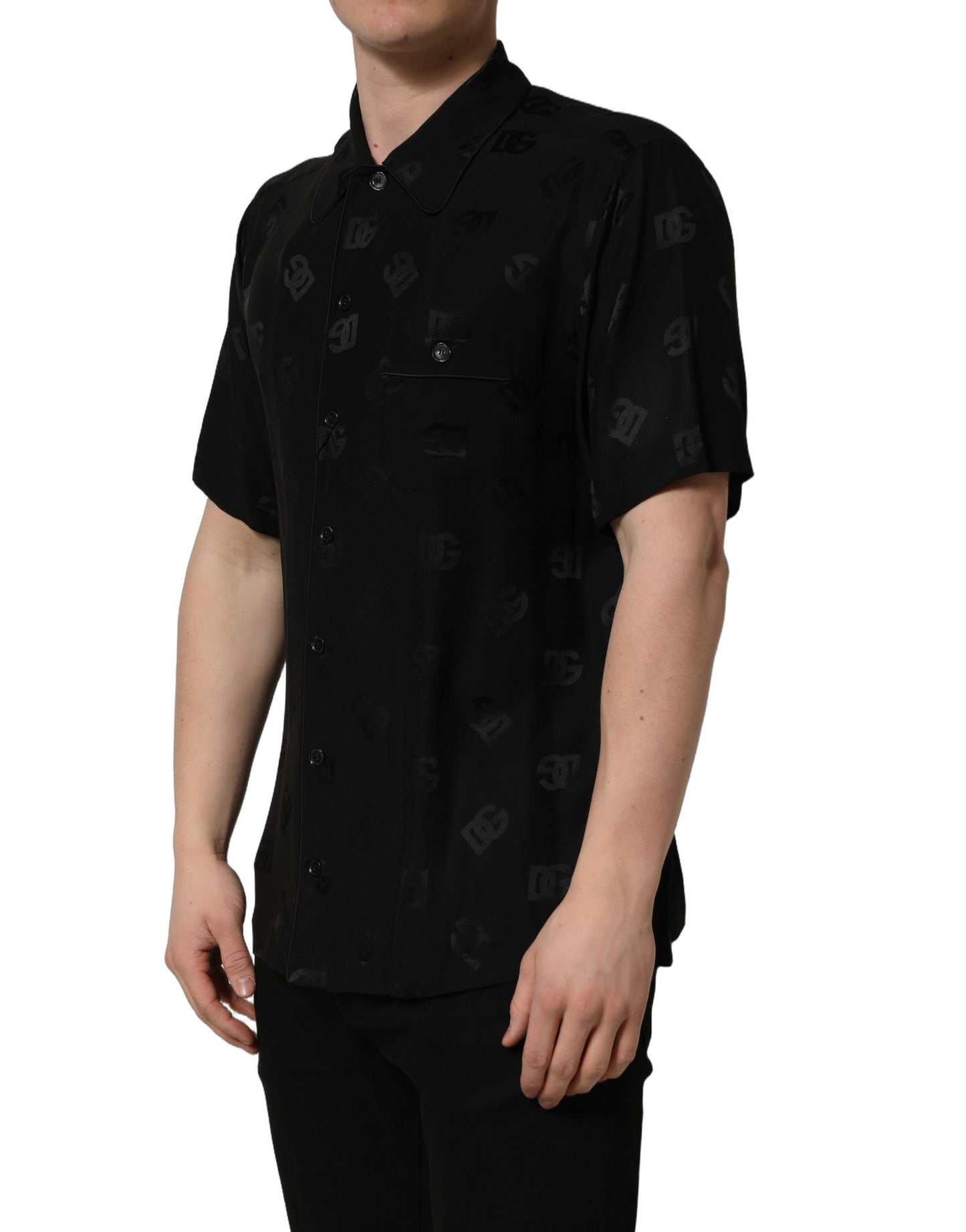 Camisa de hombre Dolce & Gabbana negra de manga corta con monograma del logo