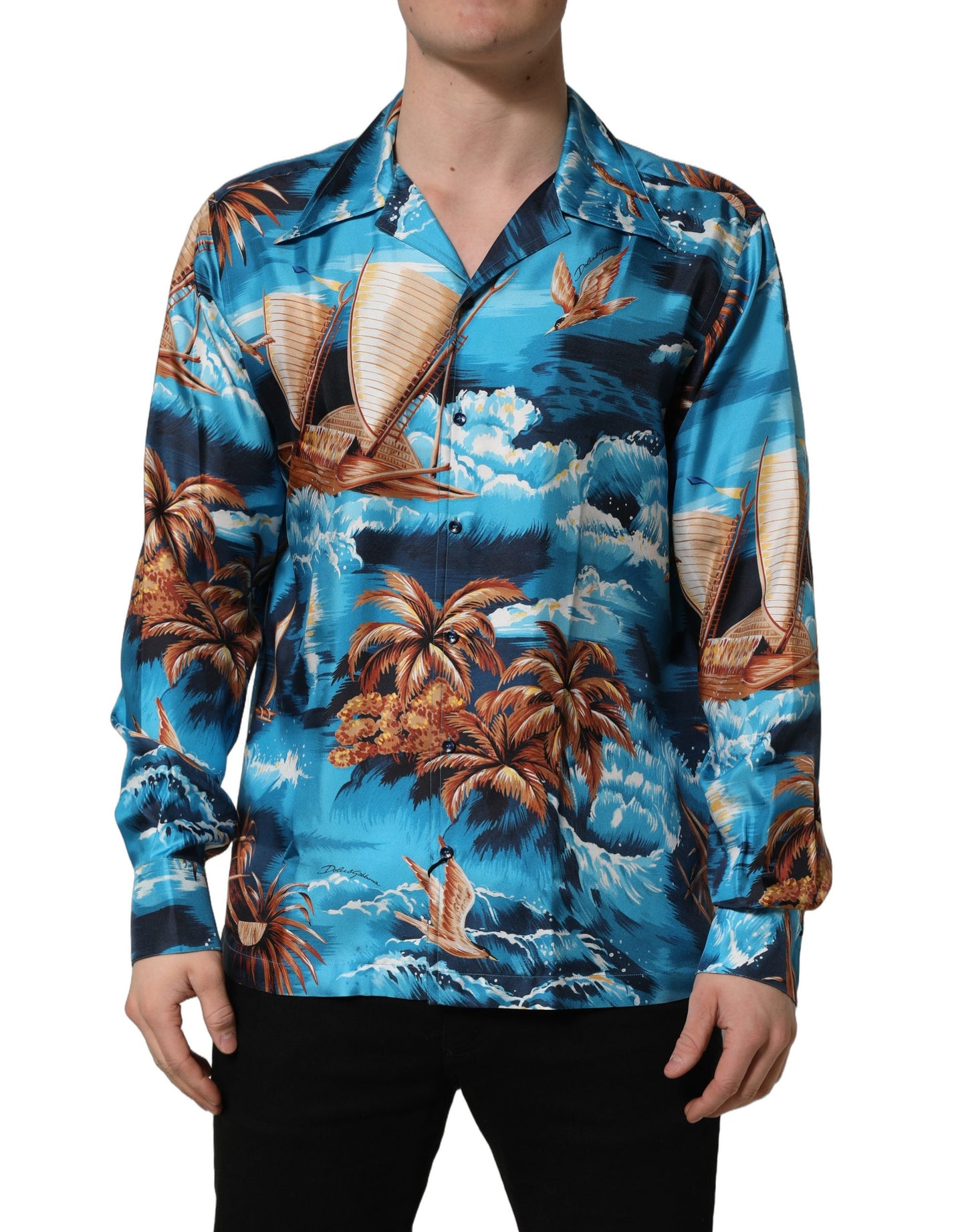 Chemise Hawaïenne en Sergé de Soie Bleue Imprimé Graphique Dolce & Gabbana