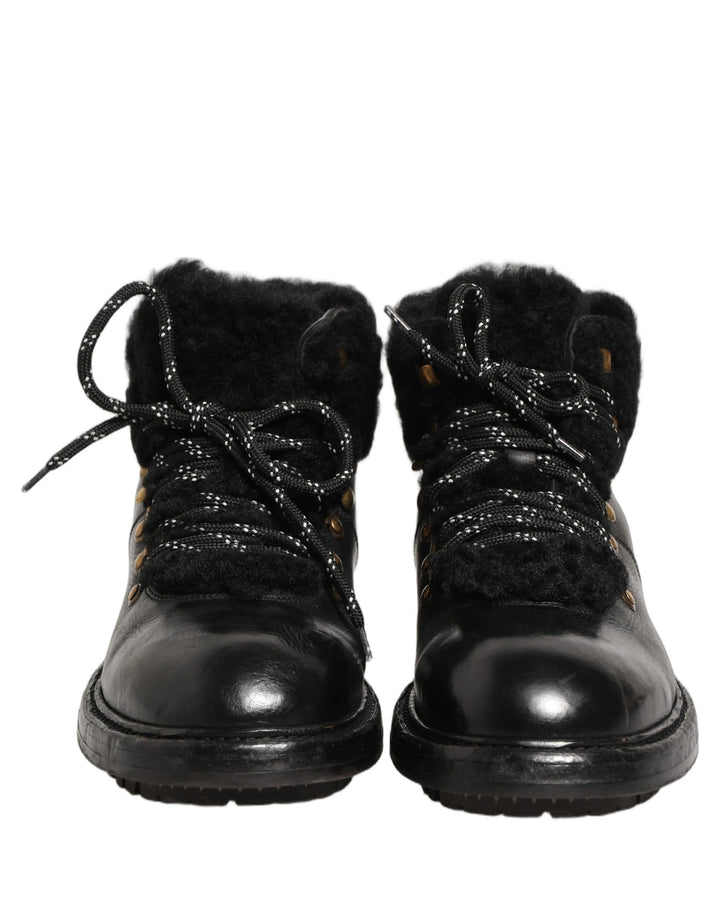 Dolce & Gabbana Black Trekking Fur Lace Leather Boots Shoes