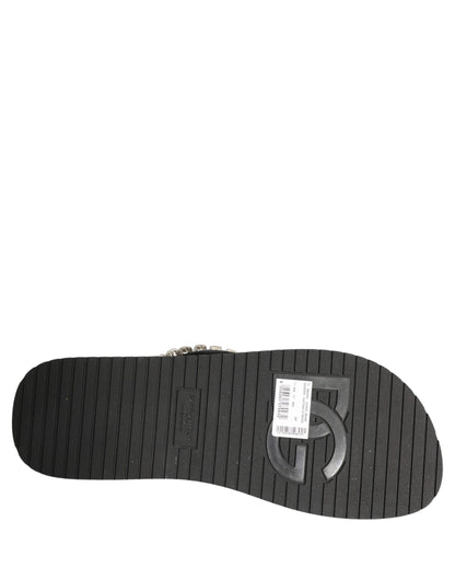 Dolce & Gabbana Black Embellished Rubber Flip Flops Men Shoes