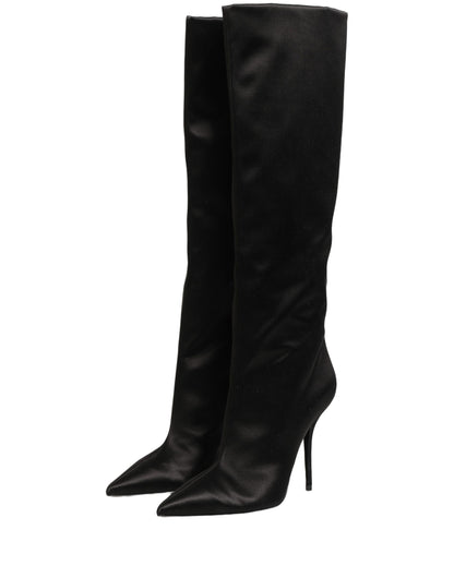 Dolce & Gabbana Black Satin Knee High Stiletto Boots Shoes