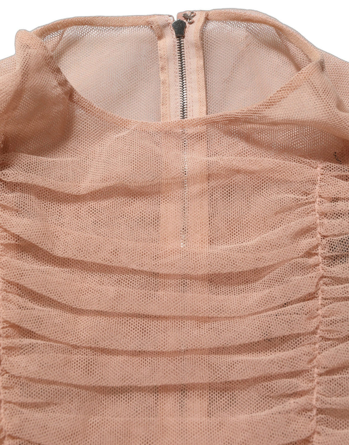 Dolce & Gabbana Beige Cotton Mesh Ruched Sheath Midi Dress