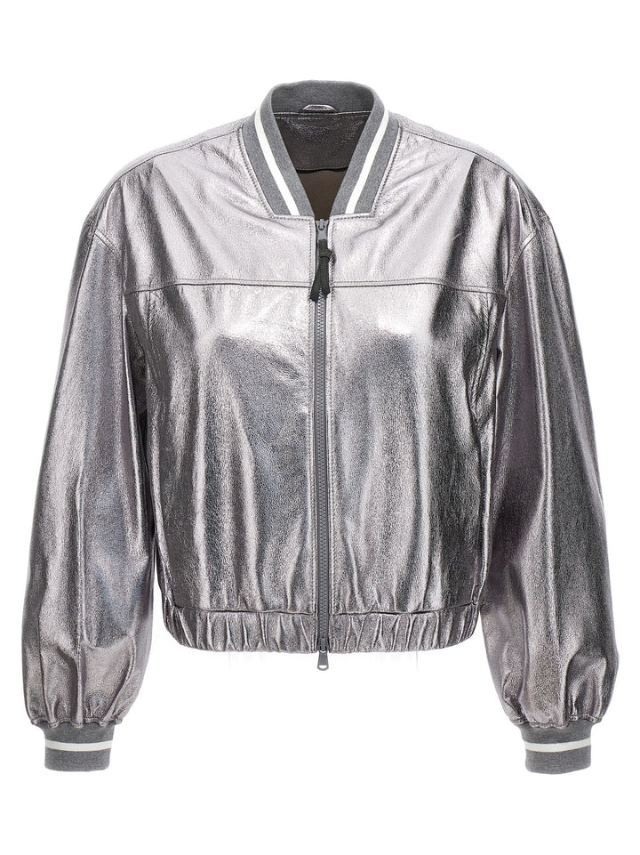 Brunello Cucinelli Silver Leather Bomber