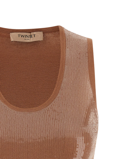 Twinset Brown Cotton Sleeveles T-Shirt