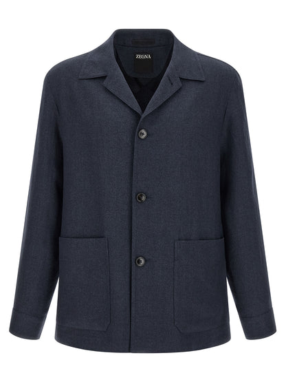 ZEGNA Blue Linen Full-Length Jacket