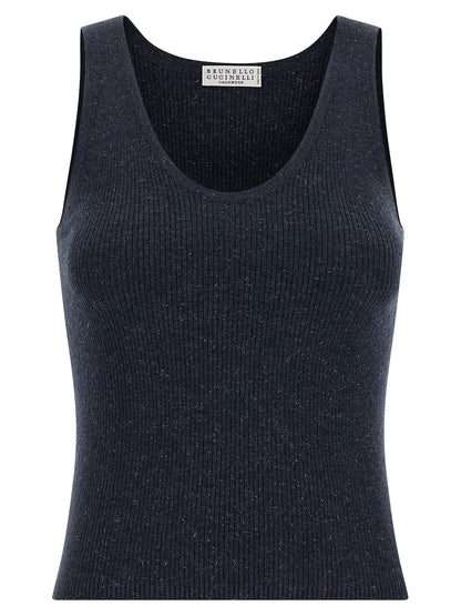 Brunello Cucinelli Blue Cashmere Sleeveles T-Shirt