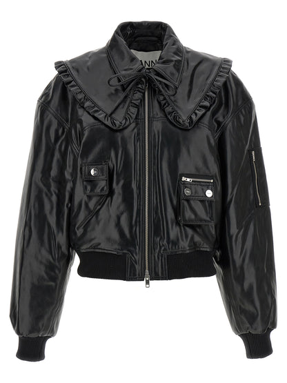 Ganni Black Leather Bomber