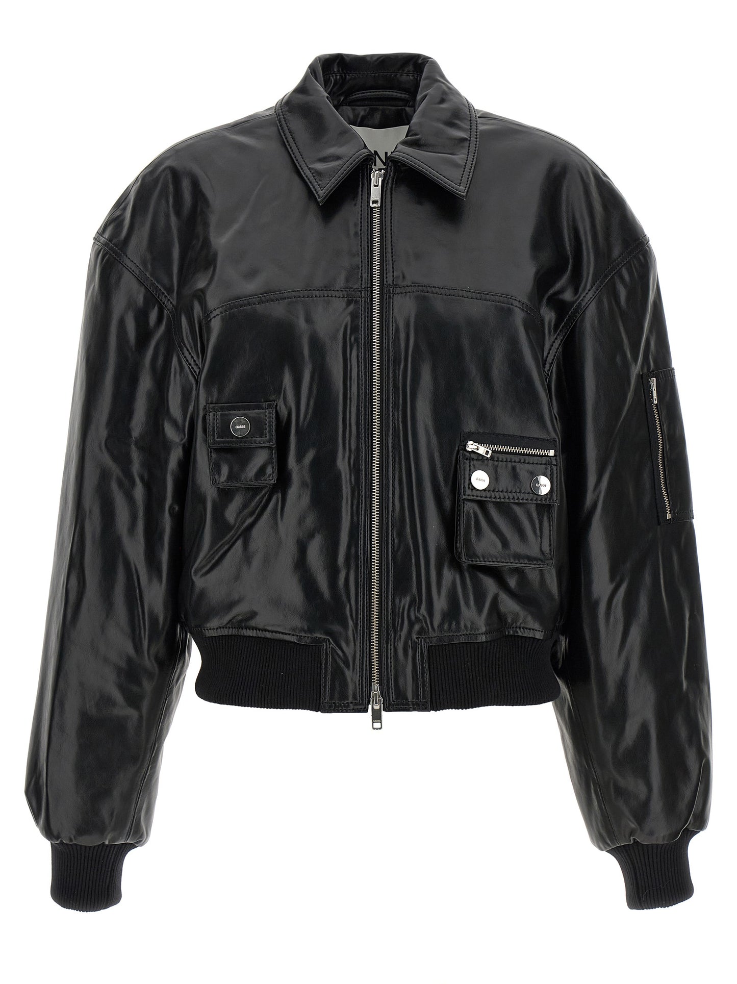 Ganni Black Leather Bomber