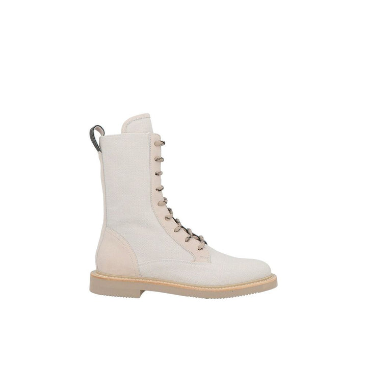 Brunello Cucinelli Beige Cotton Lace-Up Boots