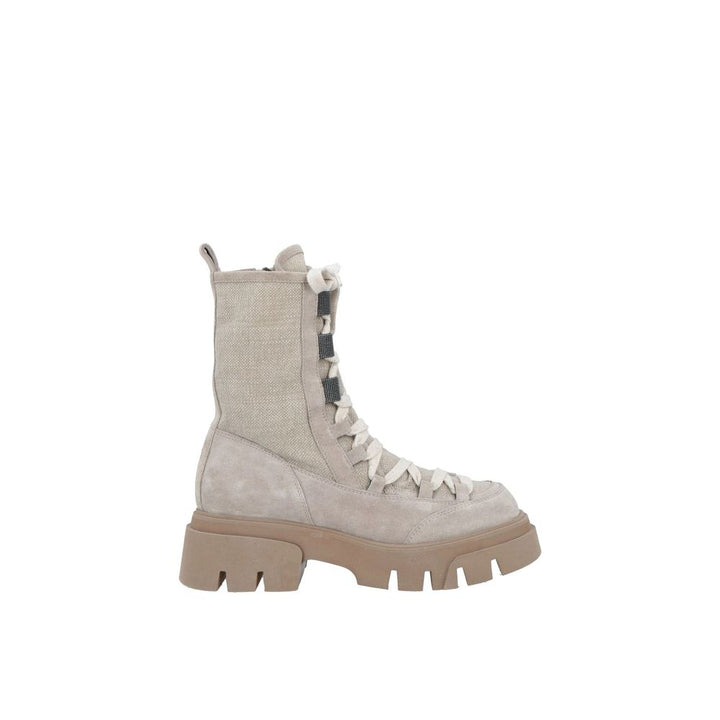 Brunello Cucinelli Beige Leather Lace-Up Boots