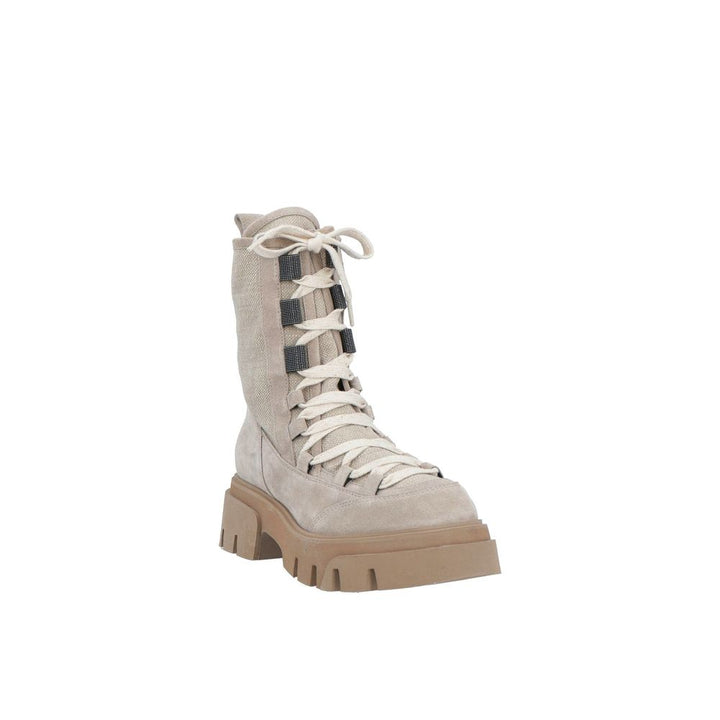Brunello Cucinelli Beige Leather Lace-Up Boots
