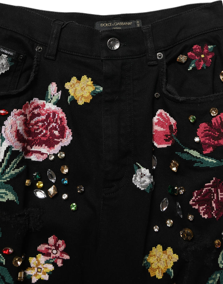 Dolce & Gabbana Black Floral Cotton High Waist Tapered Pants