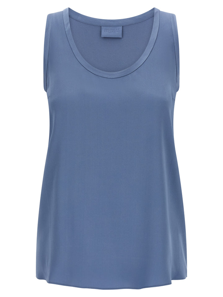 Brunello Cucinelli Blue Silk Sleeveles T-Shirt