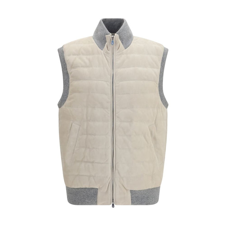Brunello Cucinelli Beige Calf Leather Bos Taurus Sleeveless Jacket