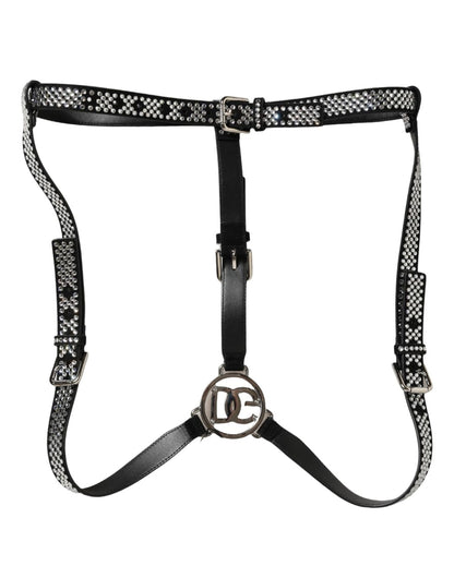 Dolce & Gabbana Black Leather Rhinestones Embellished Men Suspender