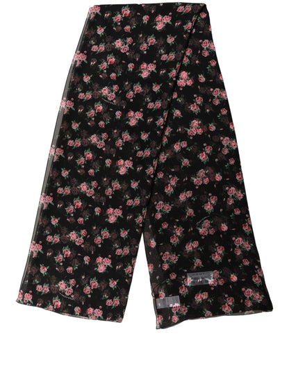Dolce & Gabbana Black Silk Floral Chiffon Long Stole Scarf