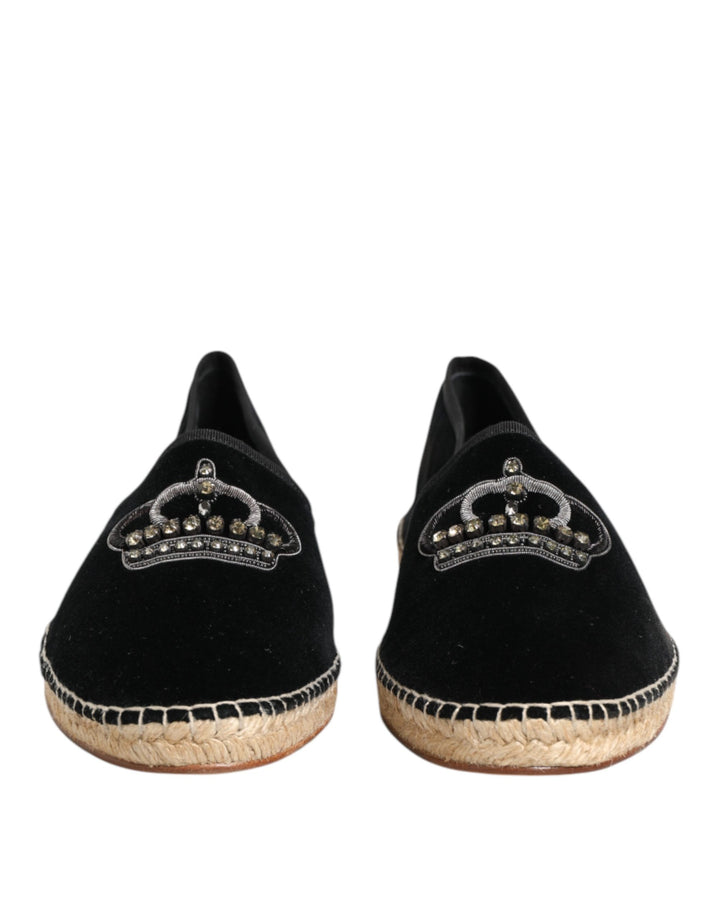 Dolce & Gabbana Black Embellished Crown Flat Espadrilles Shoes