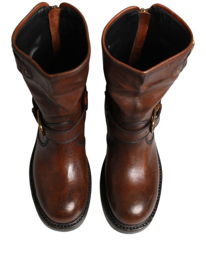 Dolce & Gabbana Brown Leather Mid Calf Biker Boots Shoes